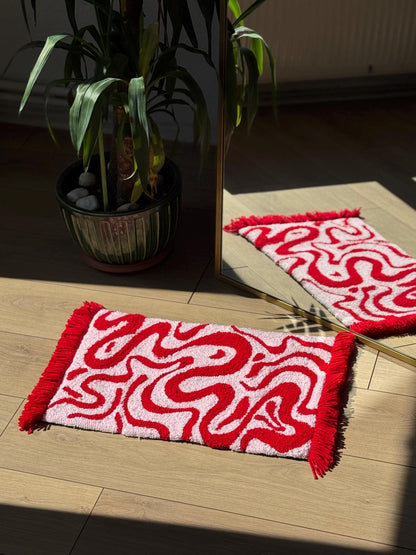 Red and Baby Pink Tufted Rug – Handmade Soft Color Block Carpet – Romantic Aesthetic Mat – Bold Fluffy Decor