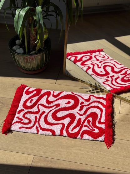 Red and Baby Pink Tufted Rug – Handmade Soft Color Block Carpet – Romantic Aesthetic Mat – Bold Fluffy Decor