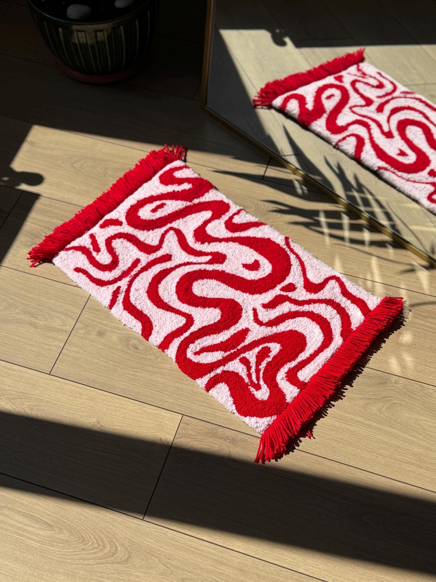 Red and Baby Pink Tufted Rug – Handmade Soft Color Block Carpet – Romantic Aesthetic Mat – Bold Fluffy Decor