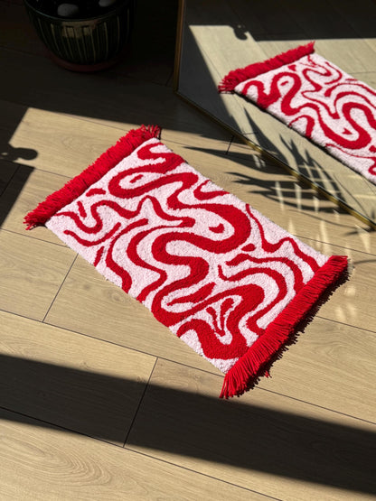 Red and Baby Pink Tufted Rug – Handmade Soft Color Block Carpet – Romantic Aesthetic Mat – Bold Fluffy Decor
