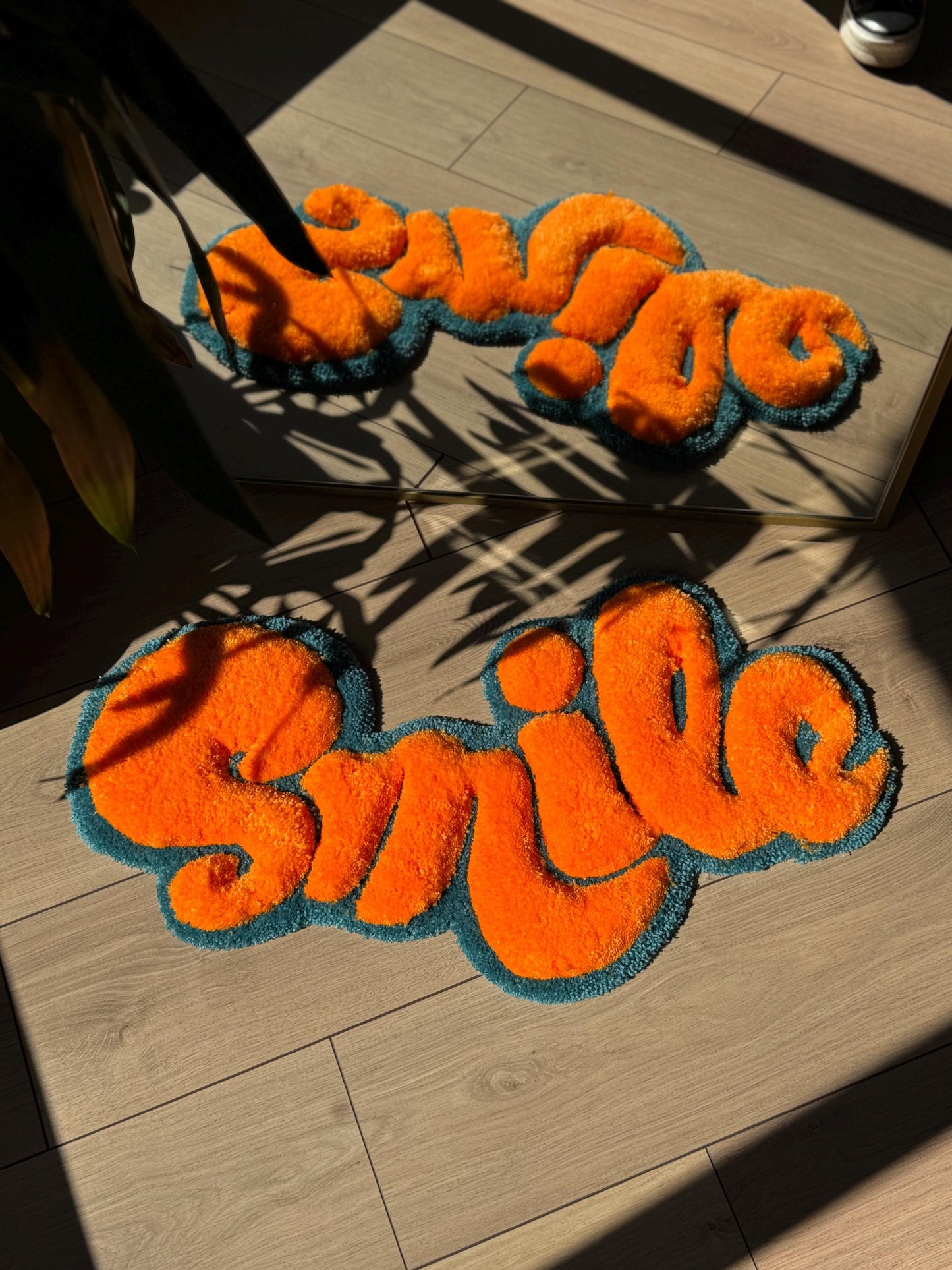SMILE Tufted Rug – Handmade 3D Fluffy Quote Carpet – Positive Soft Floor or Wall Art – Bold Text Decor