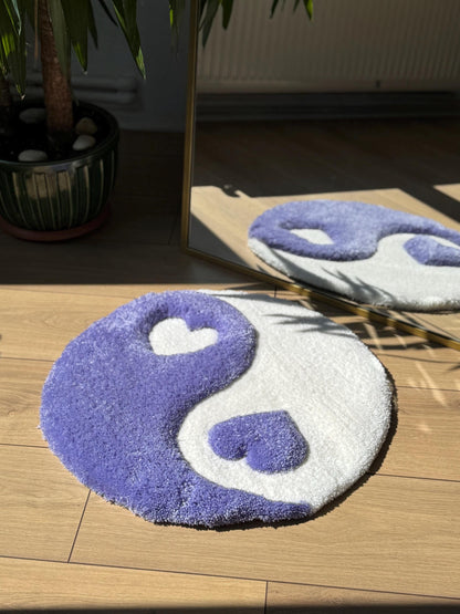 Yin Yang Heart Rug – Light Purple 3D Handmade Fluffy Tufted Carpet – Soft Aesthetic Floor or Wall Decor