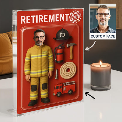 Personalized Firefighter Retirement Gift, Custom Photo Retired Action Figure Acrylic Block, Congratulation Fireman Retired Gifts For Husband