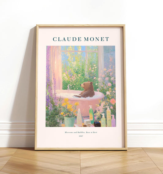 Whimsical Bear in Bathtub Art Print: Monet Style Cottage Decor