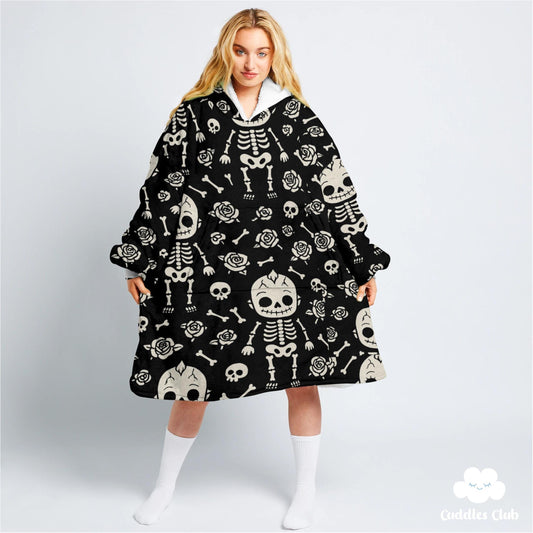 Goth Kewpie Skeleton Hooded Blanket - Spooky Halloween Hoodie