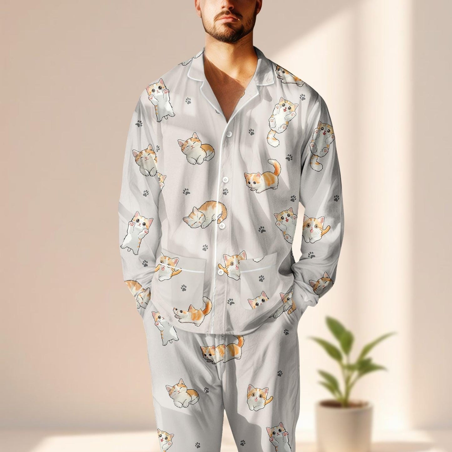 Cute Cat Satin Pajama Set, Kawaii Kitty Sleepwear, Long Sleeve Cozy Loungewear, Funny Pet Matching Pajamas Set, Gift For Cat Lover