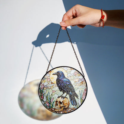 Raven on Skull Gothic Stained Glass Window Sun Catcher for Halloween or Friend Gift