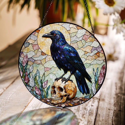 Raven on Skull Gothic Stained Glass Window Sun Catcher for Halloween or Friend Gift