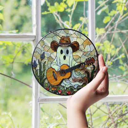 ghost playing guitar stained glass suncatcher funny halloween window decor gift for him