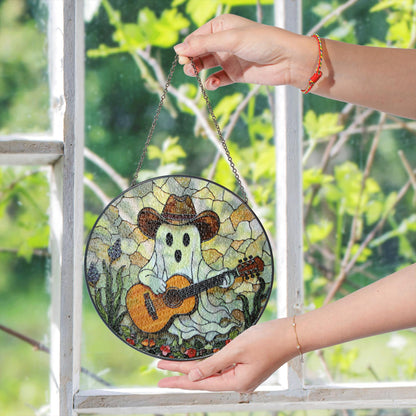 ghost playing guitar stained glass suncatcher funny halloween window decor gift for him