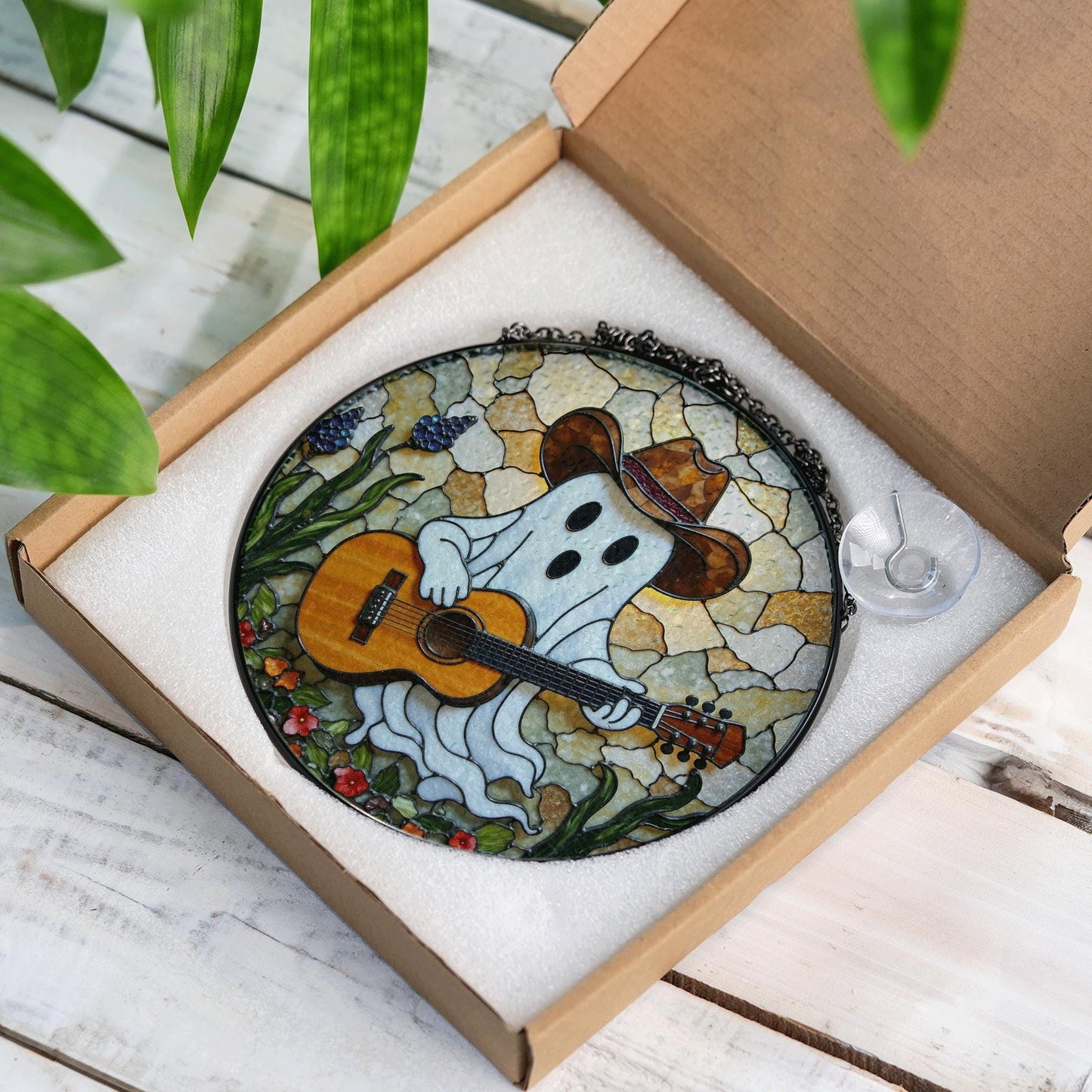 ghost playing guitar stained glass suncatcher funny halloween window decor gift for him