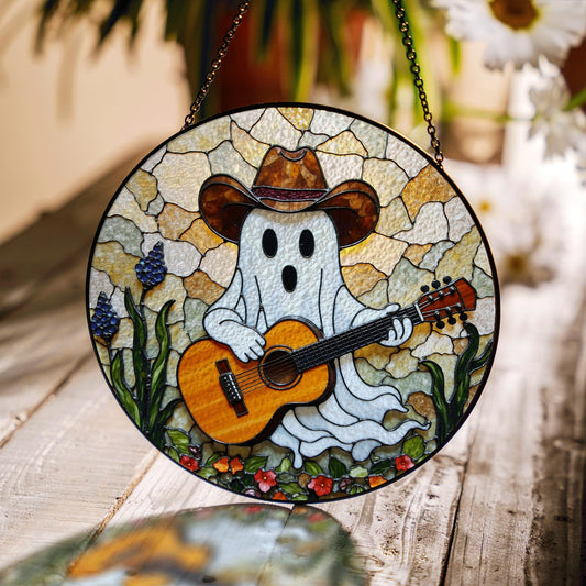 ghost playing guitar stained glass suncatcher funny halloween window decor gift for him