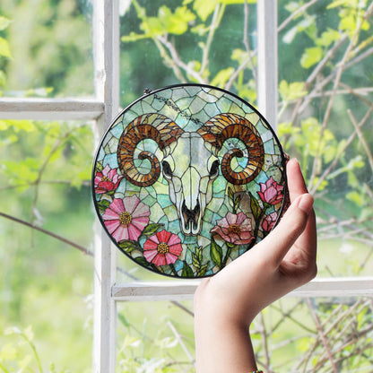 ram skull with wildflowers stained glass suncatcher rustic decor gift for nature lovers
