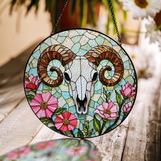 ram skull with wildflowers stained glass suncatcher rustic decor gift for nature lovers