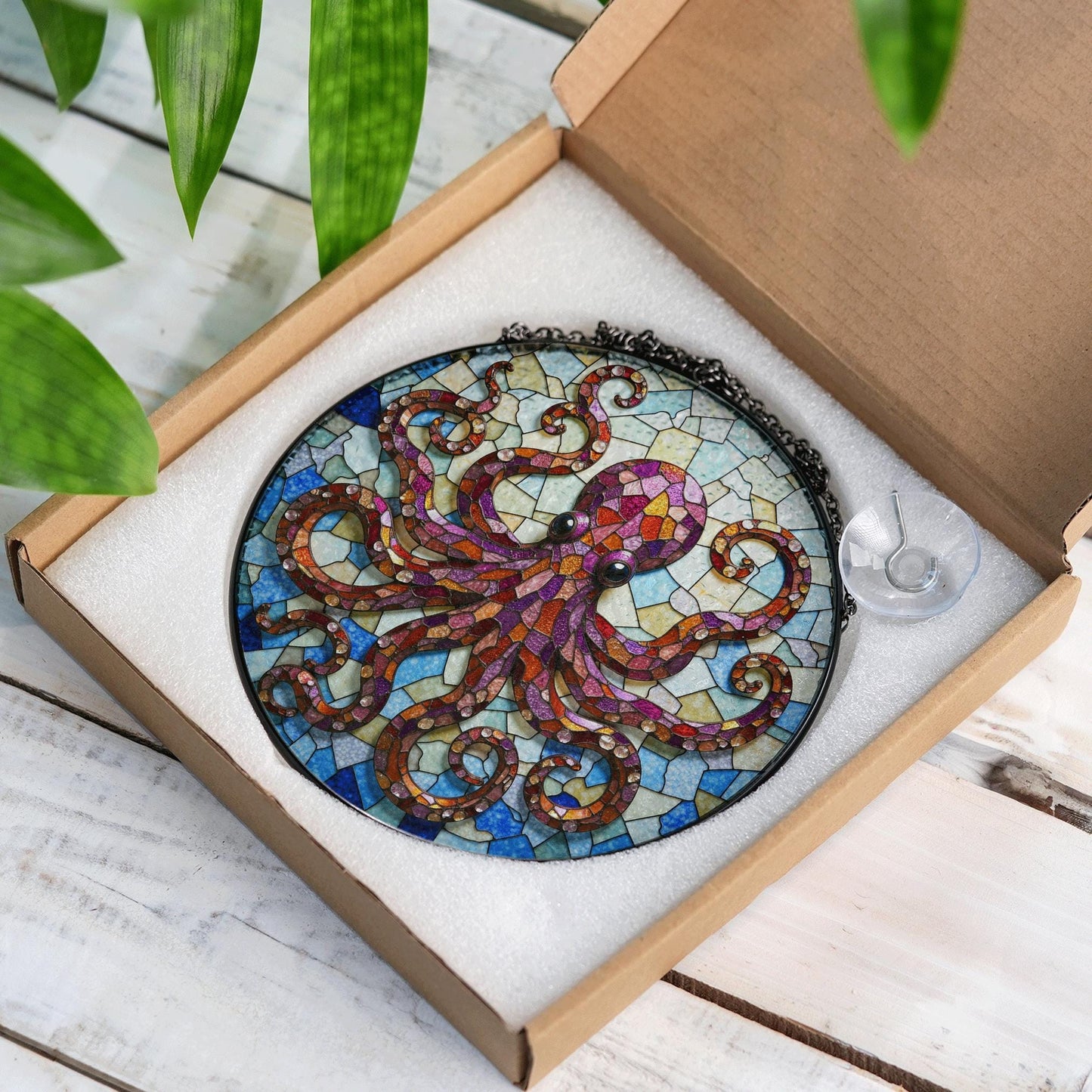 Vibrant octopus mosaic glass suncatcher undersea animal decor gift for ocean lovers