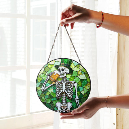 skeleton holding beer stained glass suncatcher for window gift for beer lover friend