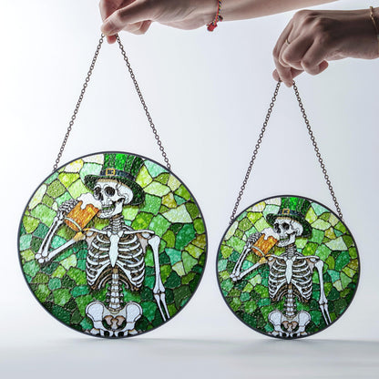 skeleton holding beer stained glass suncatcher for window gift for beer lover friend