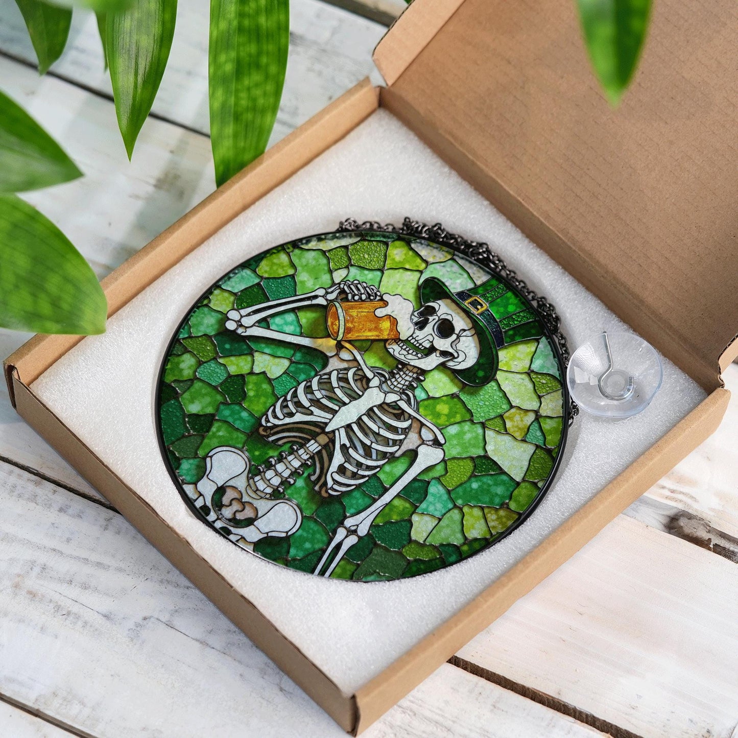 skeleton holding beer stained glass suncatcher for window gift for beer lover friend
