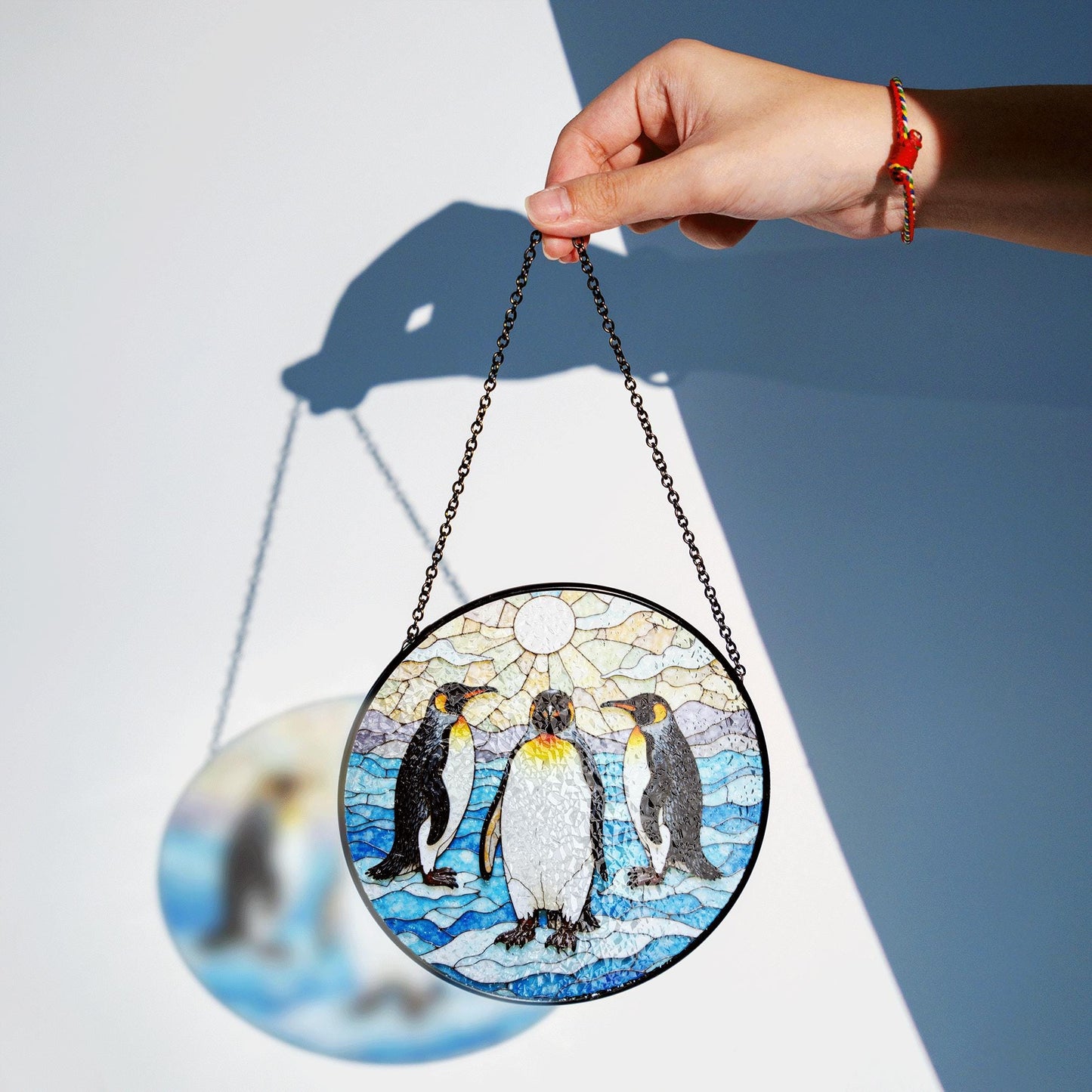 Three emperor penguins arctic stained glass suncatcher wildlife window decor gift for animal lovers