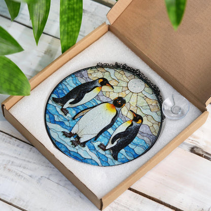 Three emperor penguins arctic stained glass suncatcher wildlife window decor gift for animal lovers