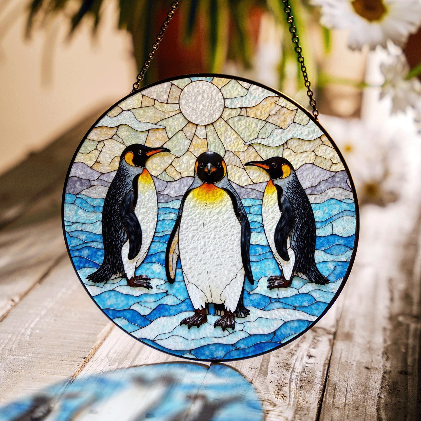 Three emperor penguins arctic stained glass suncatcher wildlife window decor gift for animal lovers