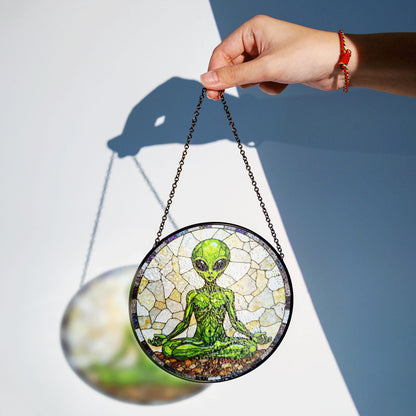 Meditating Alien Stained Glass Style Round Suncatcher Gift for UFO Lovers