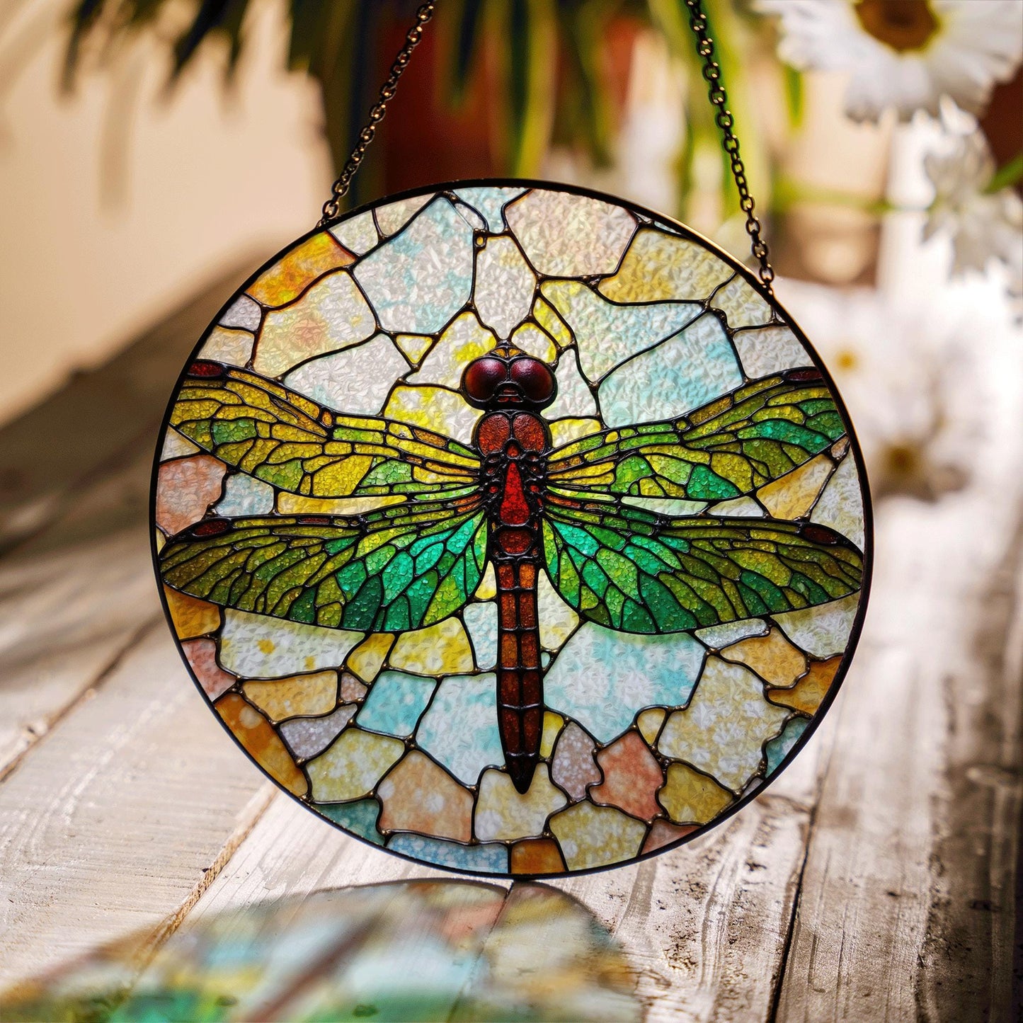 Green Dragonfly Stained Glass Suncatcher Round Window Decor Gift for Nature Lover