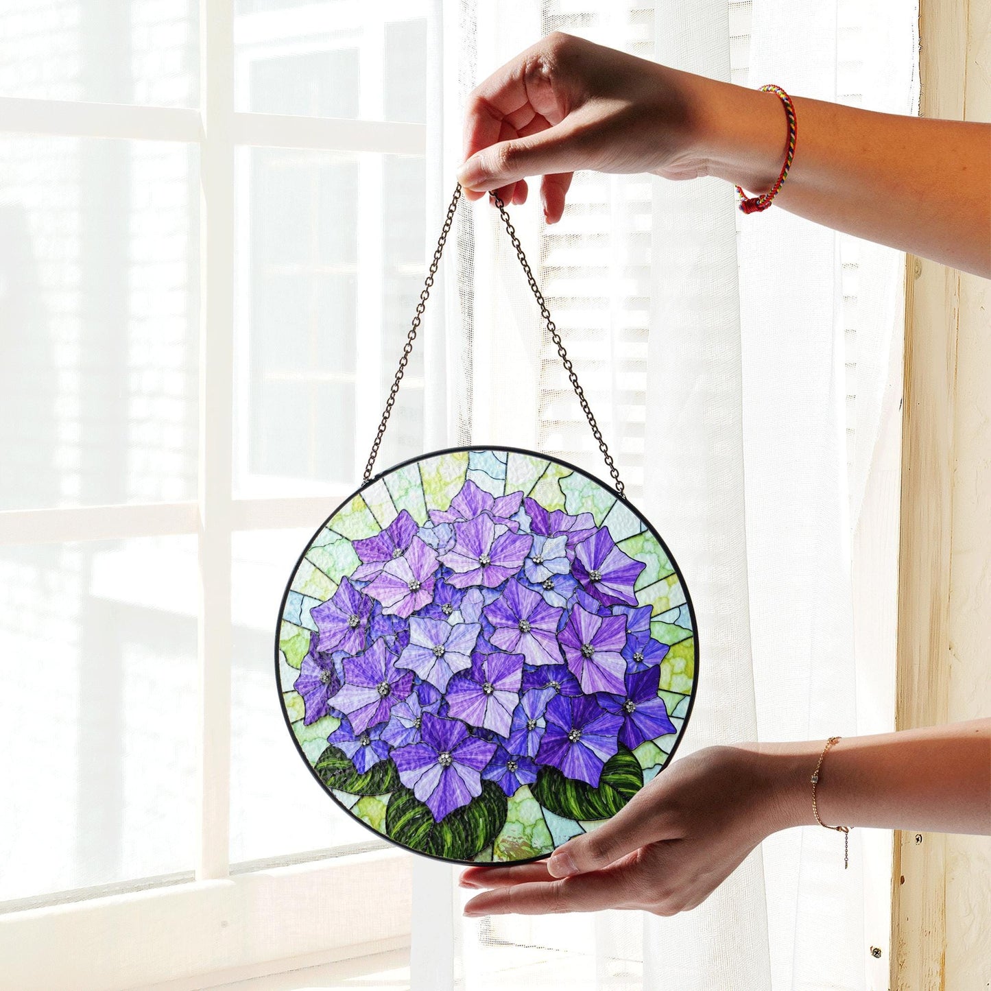 Purple hydrangea floral round stained glass suncatcher window hanging gift for mom