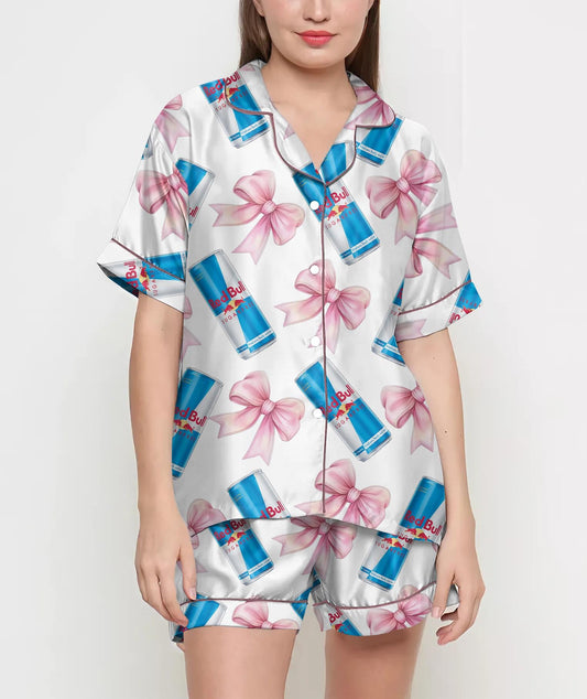 Bull Sugar Free Pink Coquette Bow Pajamas Satin Set, Energy Drink Shirt, Mother Gift, Birthday Gift, Pjs For Women, Bridesmaid Gifts, Party