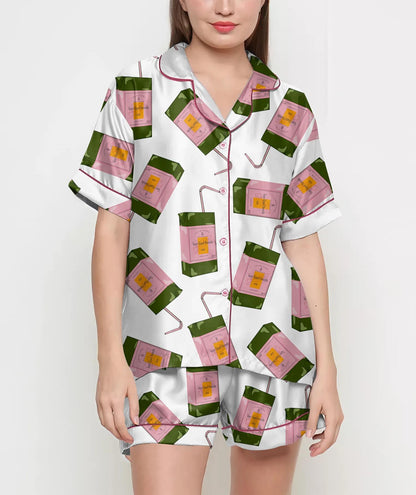 Champagne Juice Box Pajamas Satin Set, Coquette Shirt, Mother's Day Gift, Birthday Gift,Pjs For Women, Bridesmaid Gifts, Party Gift,