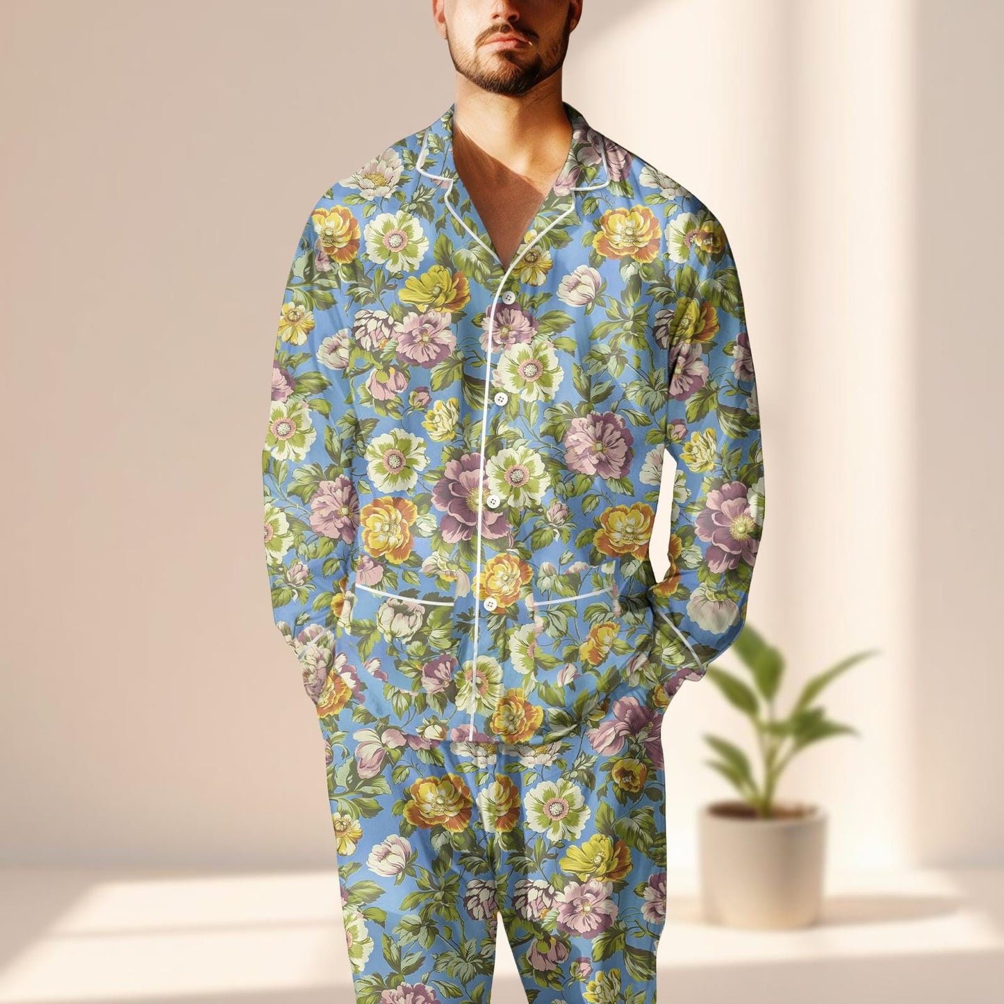 Vintage Floral Satin Pajamas Set, Romantic Garden Sleepwear, Soft Blue Button Up Pjs, Cozy Elegant Loungewear, Birthday Gift For Her