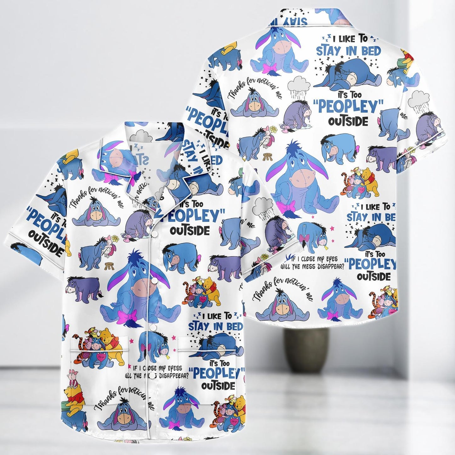 Eeyore Funny Satin Pajamas Set for Women, It's Too Peopley Outside, Winnie the Pooh Sleepwear, Summer Shorts Gift for Fans