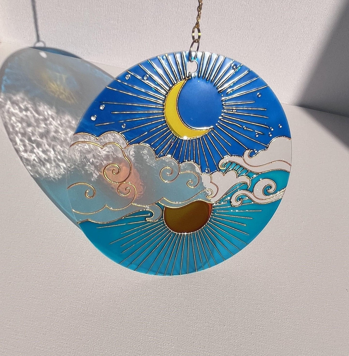 Set of 3 Stained glass Suncatchers Sun Moon Cloud Window decor Painting on acrylic