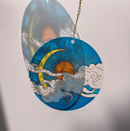 Set of 3 Stained glass Suncatchers Sun Moon Cloud Window decor Painting on acrylic