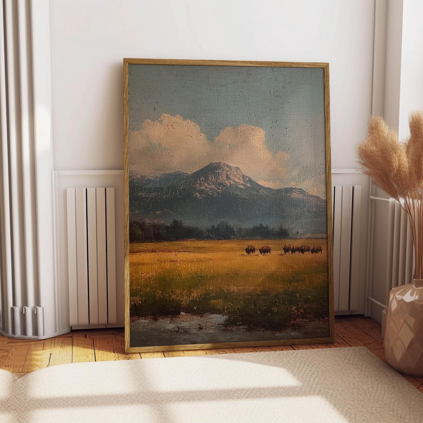 Bison Grazing in a Field Vintage Oil Painting Print Rustic Antique Retro Buffalo Print Rocky Mountain Poster Western Cabin Cottage Wall Art