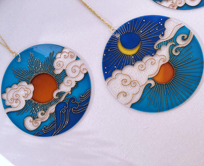 Set of 3 Stained glass Suncatchers Sun Moon Cloud Window decor Painting on acrylic