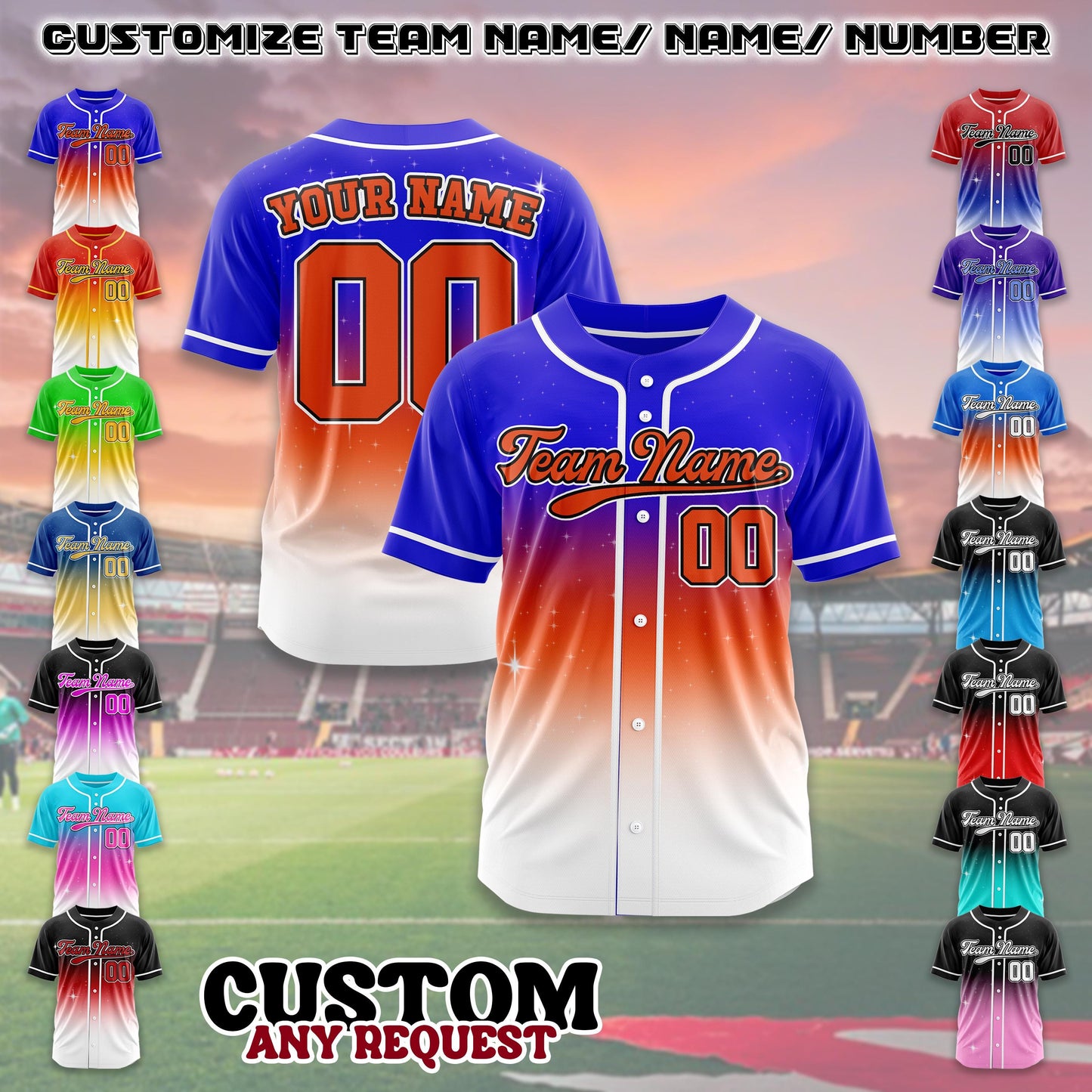Custom baseball jersey personalized team name number gradient team uniform party jerseys Sports shirt Kids Adults (Printed Glitter)