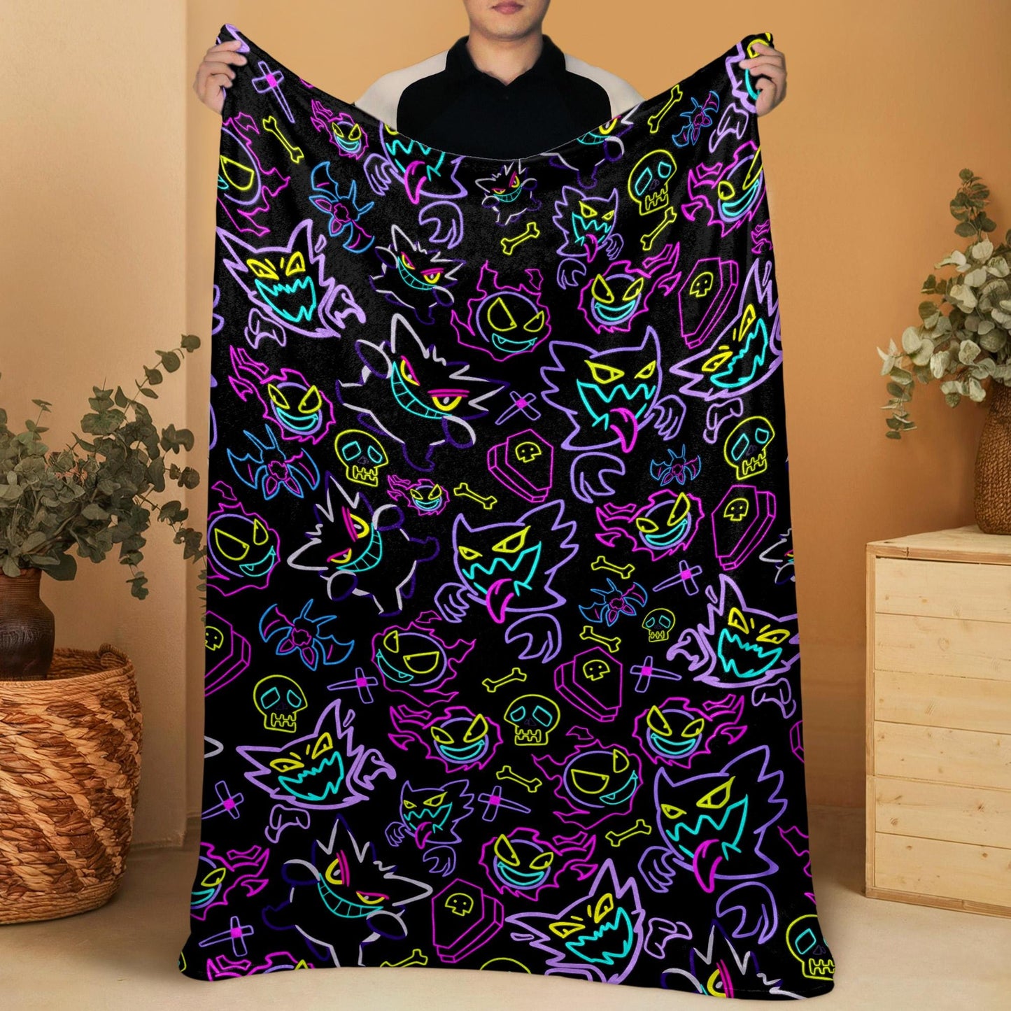 Gengar Fleece Blanket Neon Home Decor Throw Blanket Bedroom Decor Baby Blanket Cute Neon Gengar Blanket Gifts