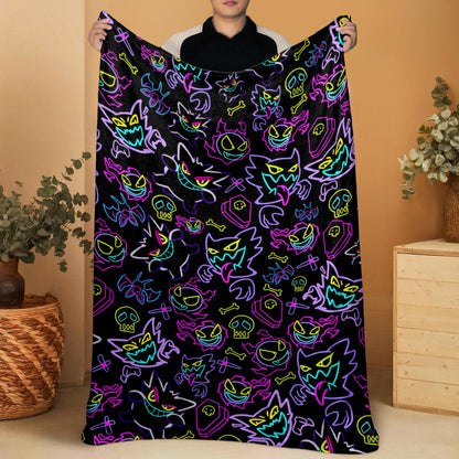 Gengar Fleece Blanket Neon Home Decor Throw Blanket Bedroom Decor Baby Blanket Cute Neon Gengar Blanket Gifts