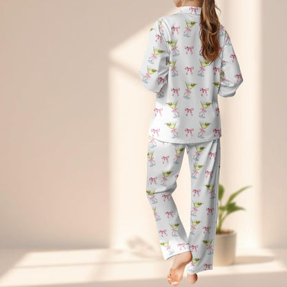 Pink Bow Martini Satin Pajama Set, Cute Cocktail Drink Women Sleepwear, Coquette Aesthetic Loungewear, Cute Matching Pjs, Funny Gift