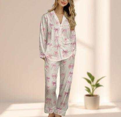 Coquette Pink Bow Satin Pajama Set, Girly Sleepwear Aesthetic, Cute Ribbon Lounge Set, Soft Feminine Matching Pajamas Set, Funny Gift