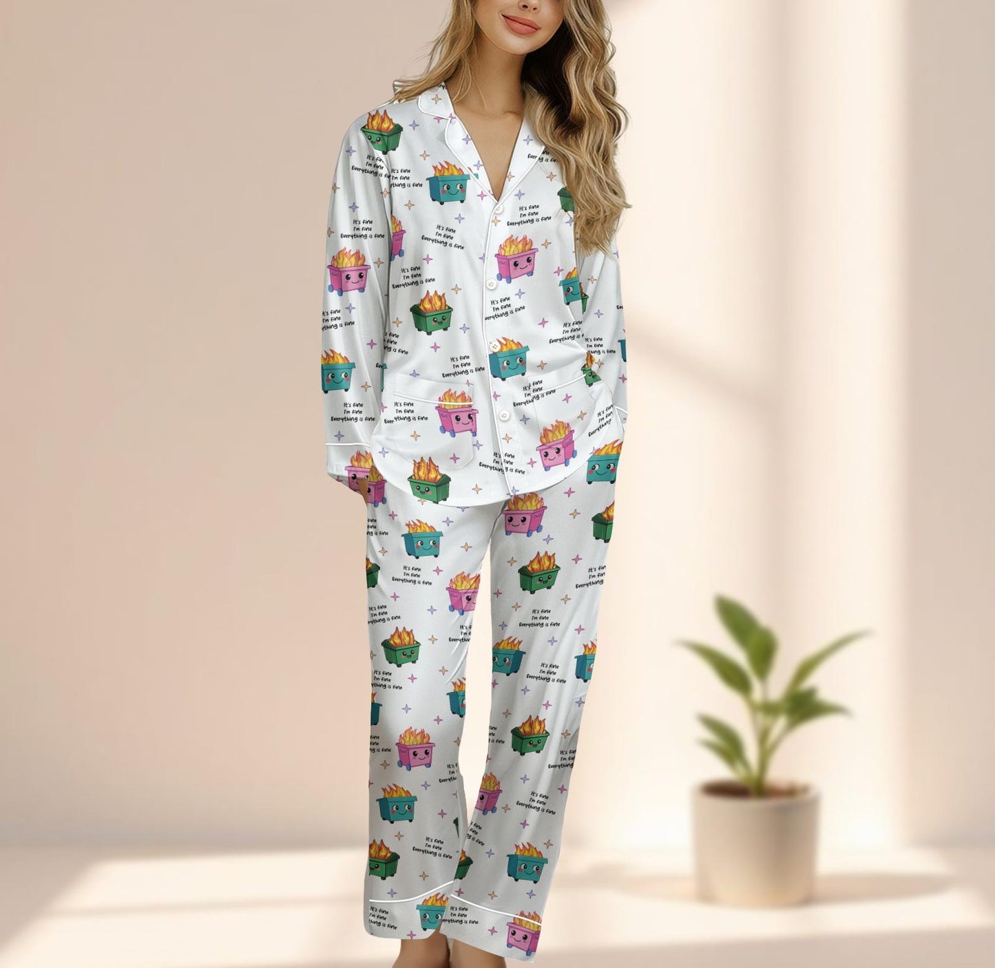 Dumpster Fire Satin Pajama Set, Funny Chaos Sleepwear, Meme Loungewear Set, Humor Matching Pajamas Set, Hot Mess Pjs, Gift For Her