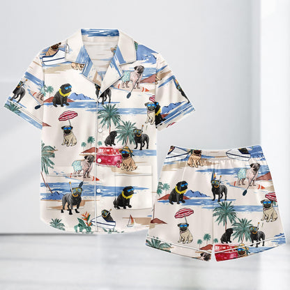 Pug Dog Summer Satin Pajamas, Beach Vacation Dog Print Sleepwear Set, Funny Pug Gift for Dog Lover, Pjs For Women