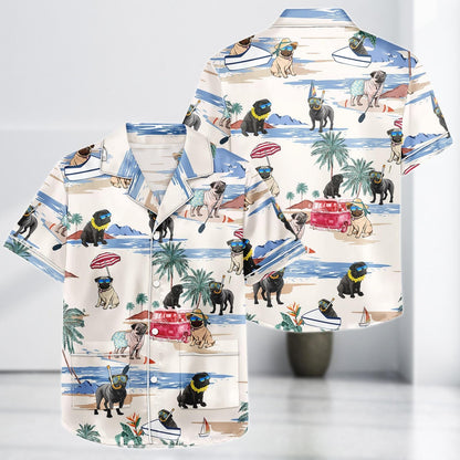 Pug Dog Summer Satin Pajamas, Beach Vacation Dog Print Sleepwear Set, Funny Pug Gift for Dog Lover, Pjs For Women