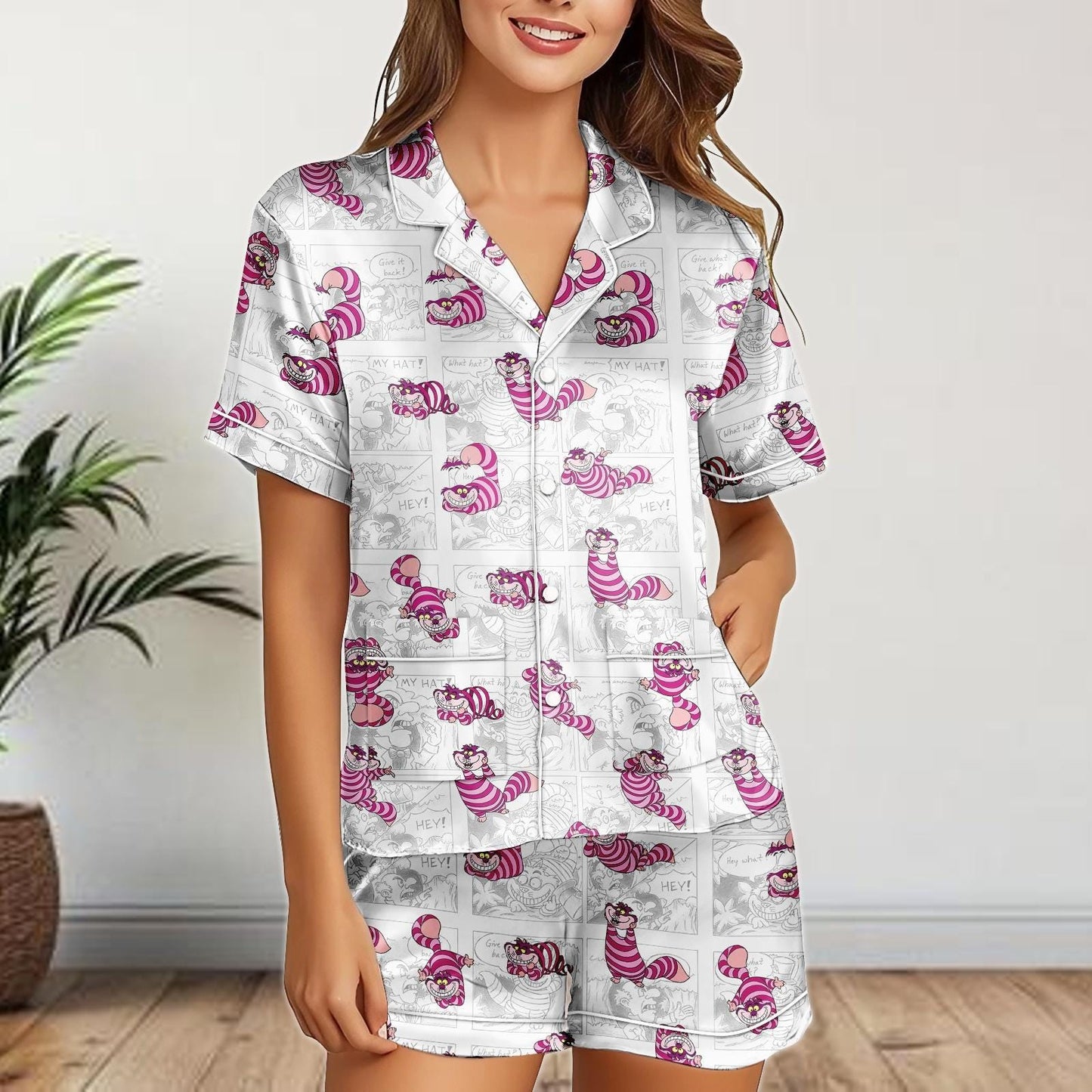 Cheshire Cat Comic Satin Pajamas Shorts, Alice in Wonderland Sleepwear, Funny Cartoon Satin PJs, Women's Lounge Set Gift