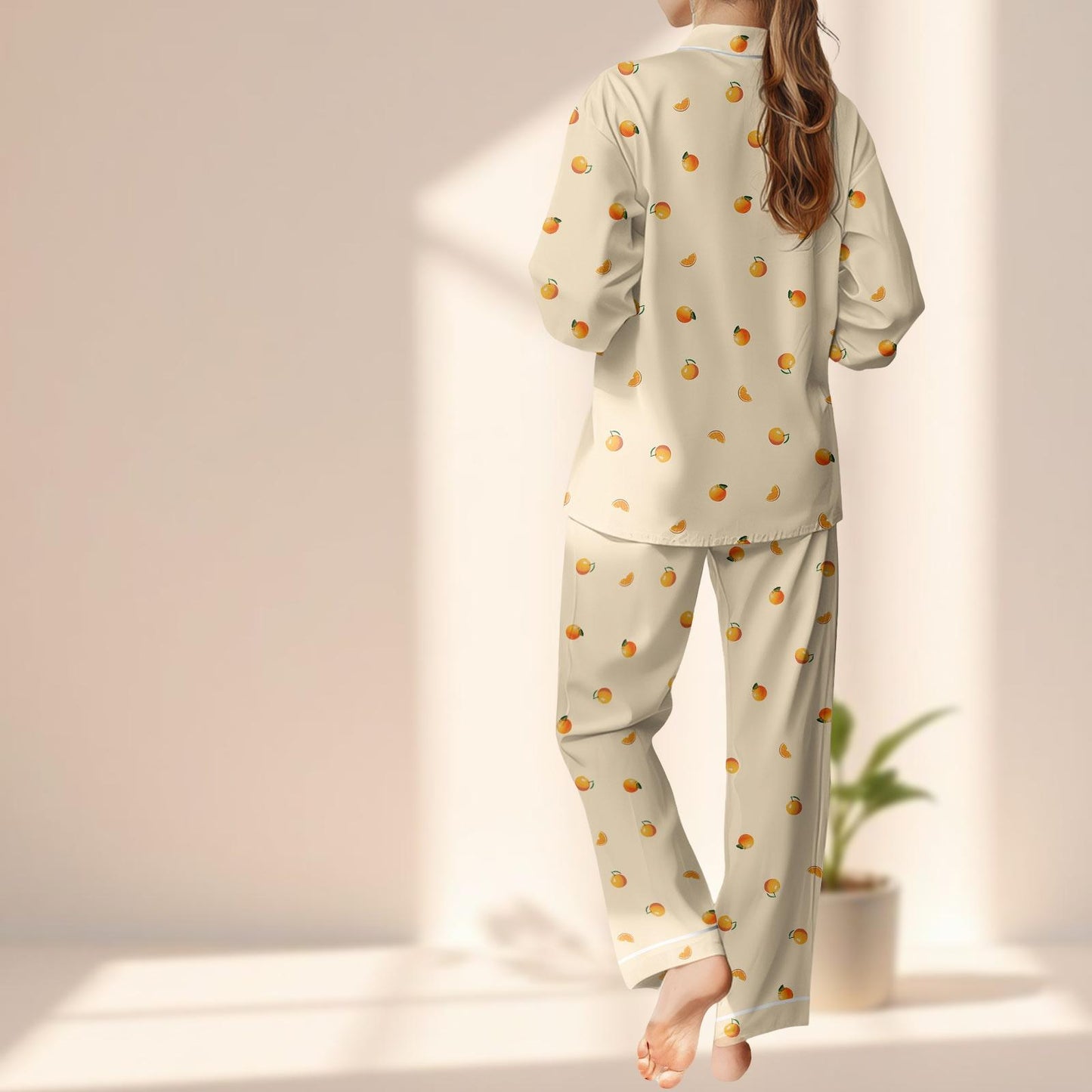 Orange Satin Pajama Set, Cute Fruit Women Sleepwear, Cream Long Pants Pjs, Kawaii Loungewear, Soft Cozy Summer Set, Funny Gift