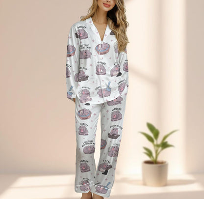 Moo Deng Satin Pajama Set, Hangry Hippo Club Sleepwear, Cute Animal Cartoon Pjs, Funny Cozy Matching Pj Set, Birthday Gift For Her