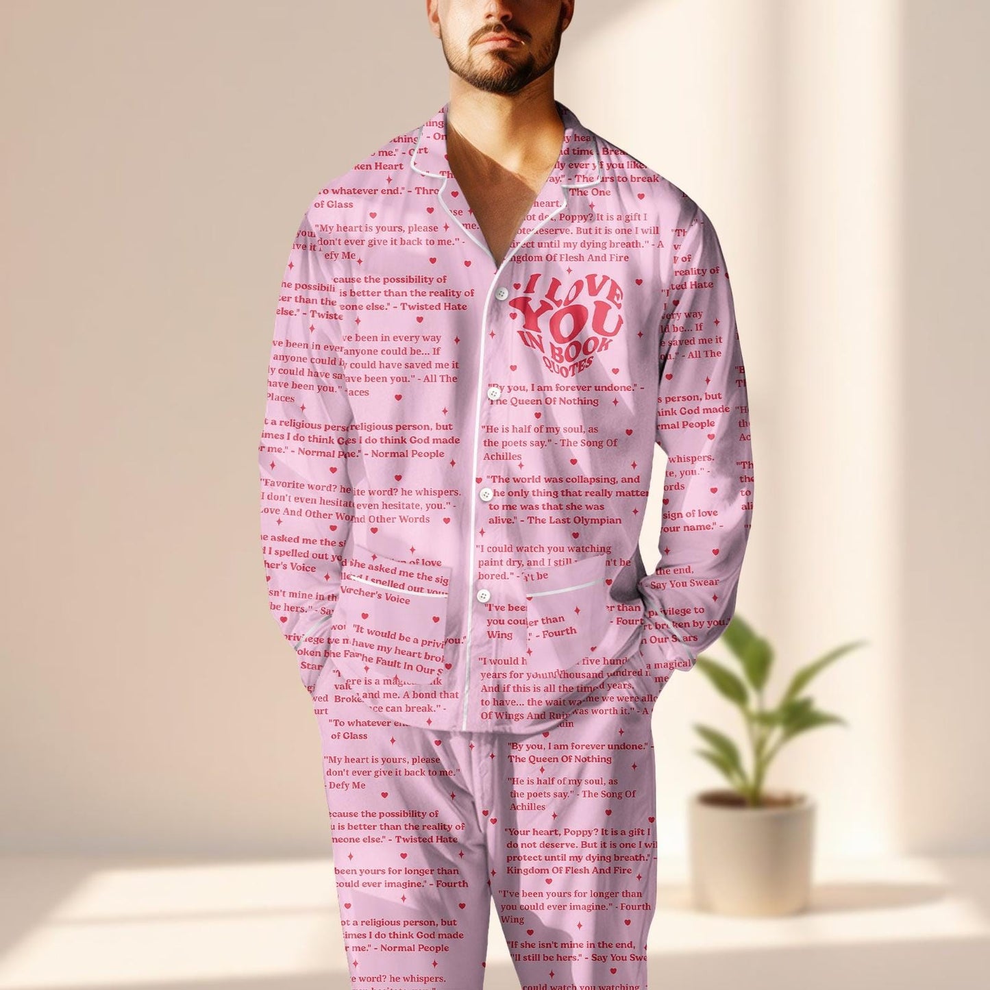 I Love You In Books Satin Pajama Set, Pink Literary Quote Sleepwear For Women, Cozy Reading Nightwear Pjs, Book Lovers Gift