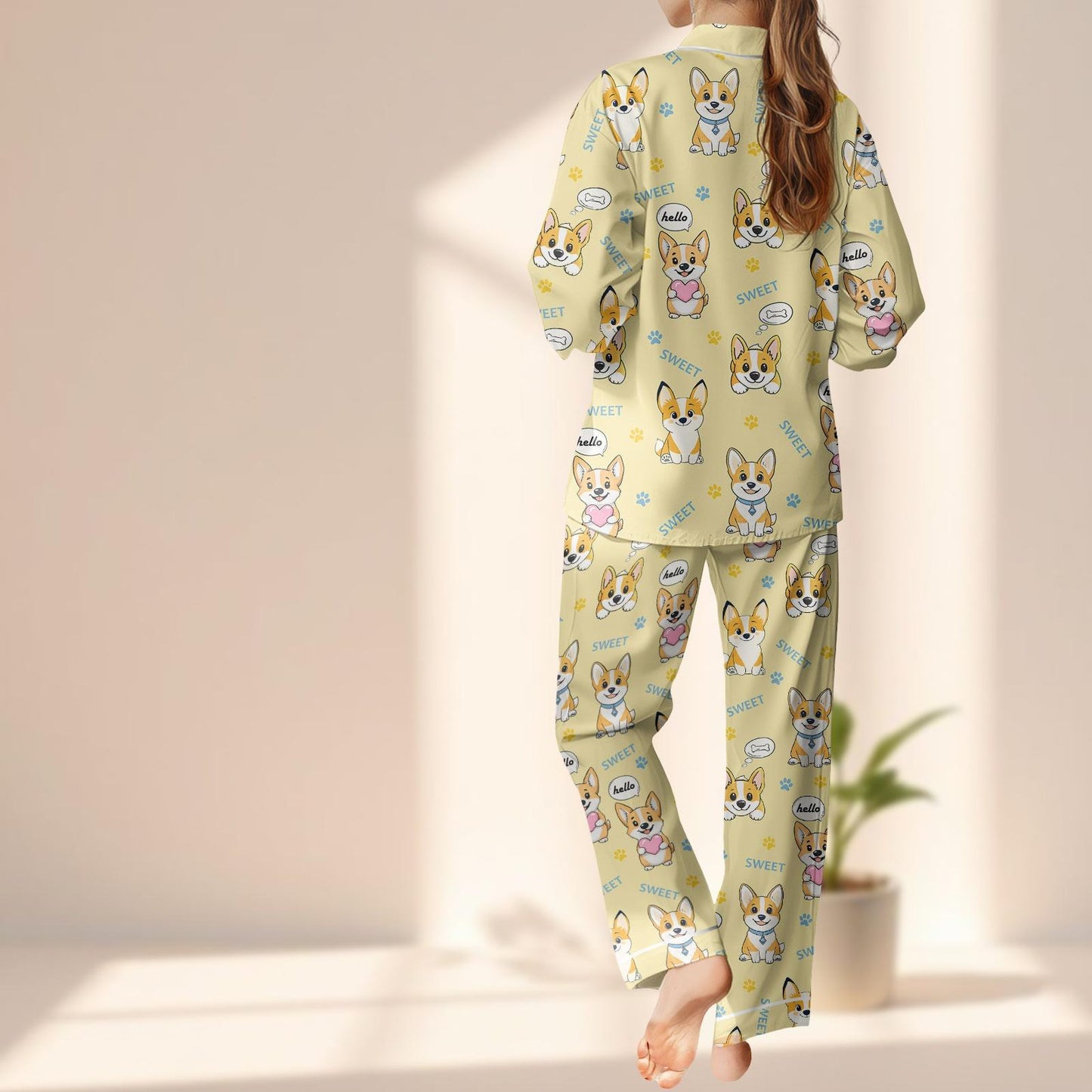 Cute Corgi Dog Satin Pajama Set, Funny Animal Sleepwear, Cartoon Puppy Pjs, Cozy Loungewear Matching Pj Set, Funny Dog Lover Gift