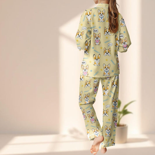 Cute Corgi Dog Satin Pajama Set, Funny Animal Sleepwear, Cartoon Puppy Pjs, Cozy Loungewear Matching Pj Set, Funny Dog Lover Gift
